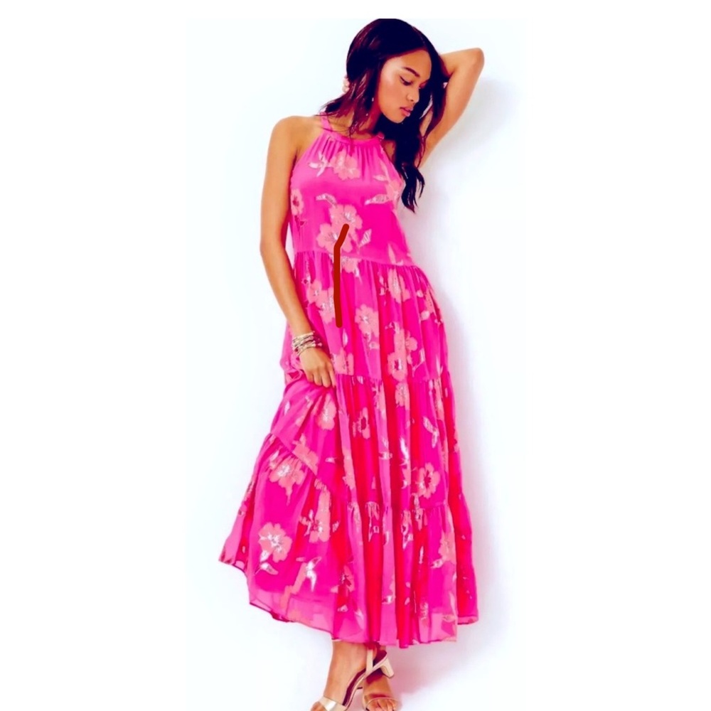 Lilly Pulitzer Beccalyn Silk Blend Pink Tiered Halter Maxi Dress
